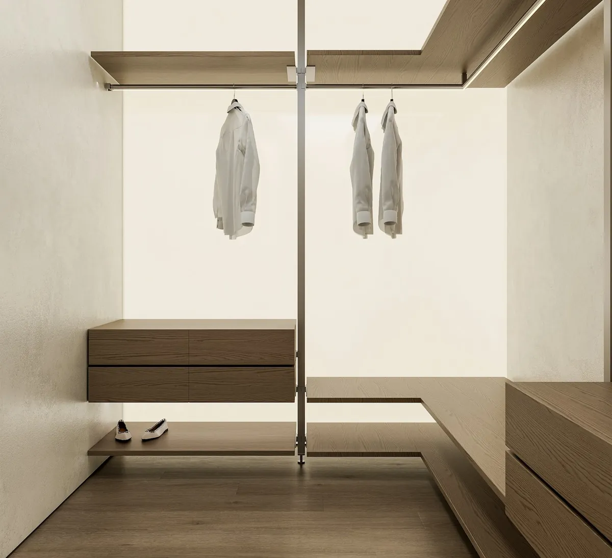 A fitted walk-in closet with timber shelving, hanging rails and a drawer bank