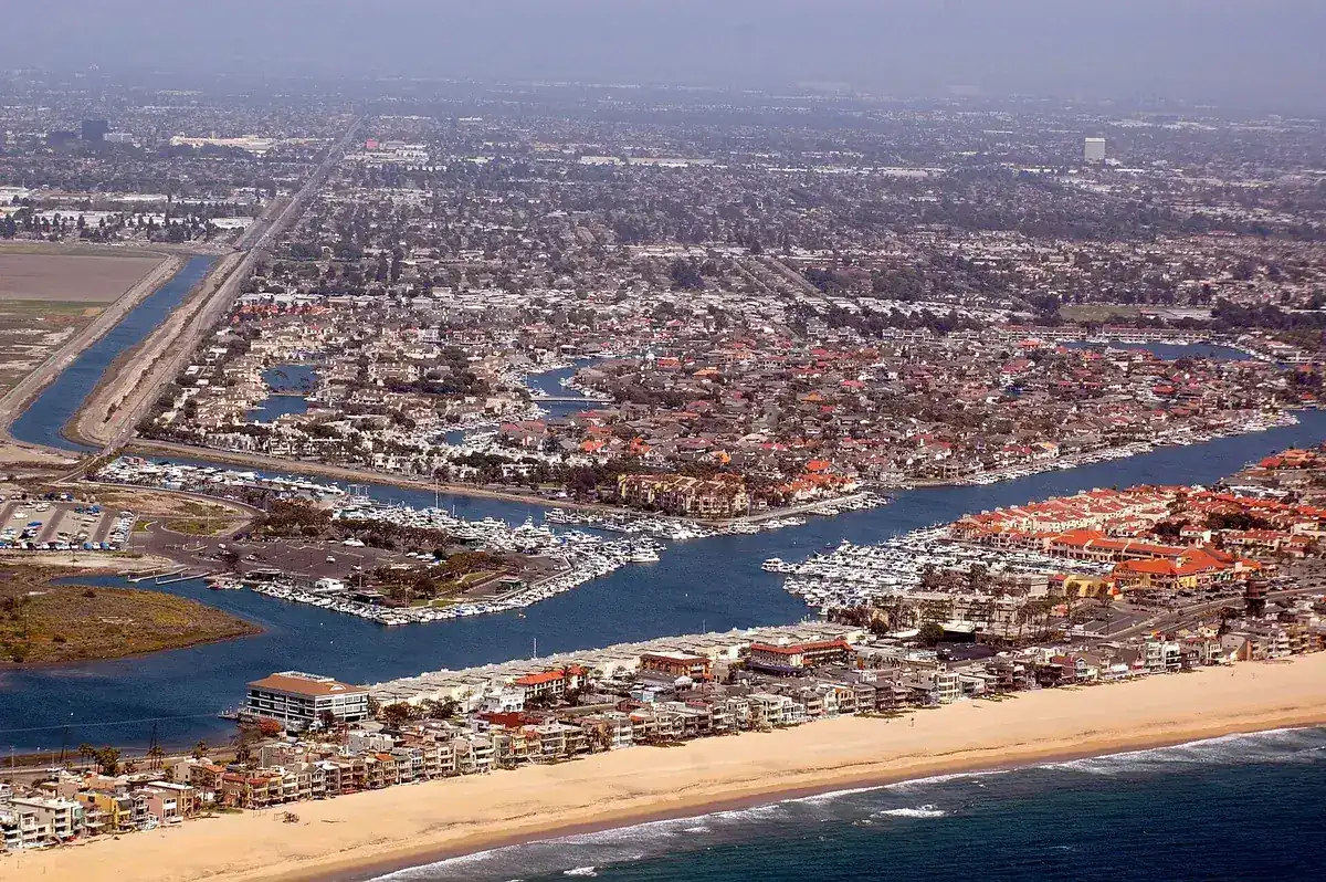 Aerial view of Huntington Harbour in Huntington Beach CA with its man-made islands and marinas