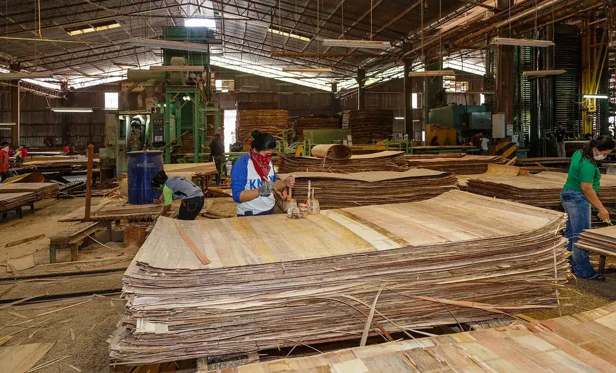 Workers laying up veneer sheets in a plywood mill, the material with the lowest formaldehyde ceiling in the California code table